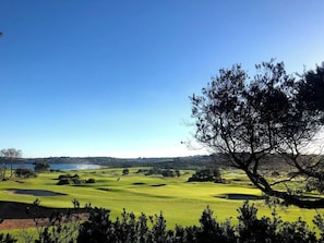 Un parcours de golf offrant une vue dégagée sur le paysage, notamment sur une étendue d’eau et des bâtiments situés au loin.