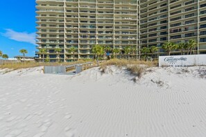 Un hôtel en bord de mer, avec plusieurs étages, une plage de sable en premier plan et des palmiers.