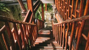 A wooden staircase with a railing, leading to a higher level. - Dwaraloka Retreat Ubud (Ubud)