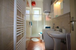 Shower, hair dryer, towels, soap