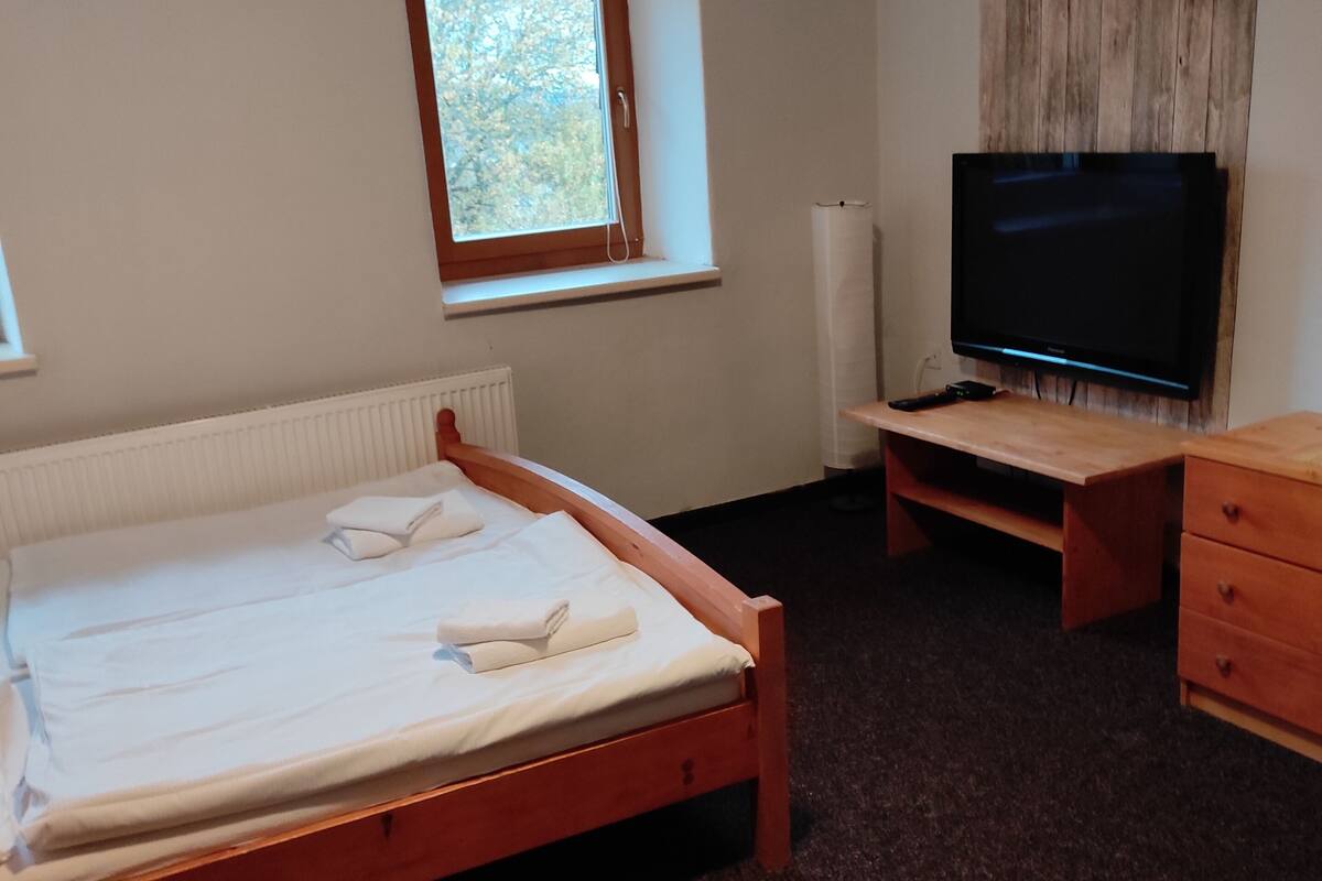 A bedroom with a wooden bed, a television, a window, and a radiator.