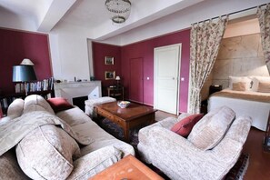 A living room with a sofa set, a coffee table, a bookshelf, and a fireplace. - La cachette du comte (Montfort-sur-Argens)