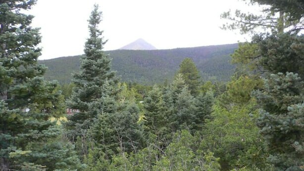 A view of a forested mountain with a cabin in the foreground. - Location!  Nice log home in dark sky community next to several peaks (Westcliffe)