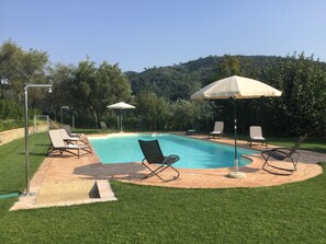 Une piscine entourée d’une pelouse et d’arbres, avec des chaises longues et des parasols à proximité.