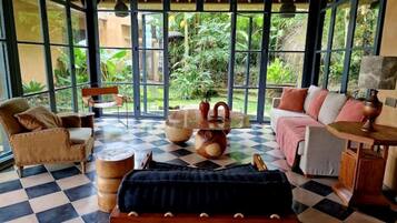 Smart TV, fireplace, books