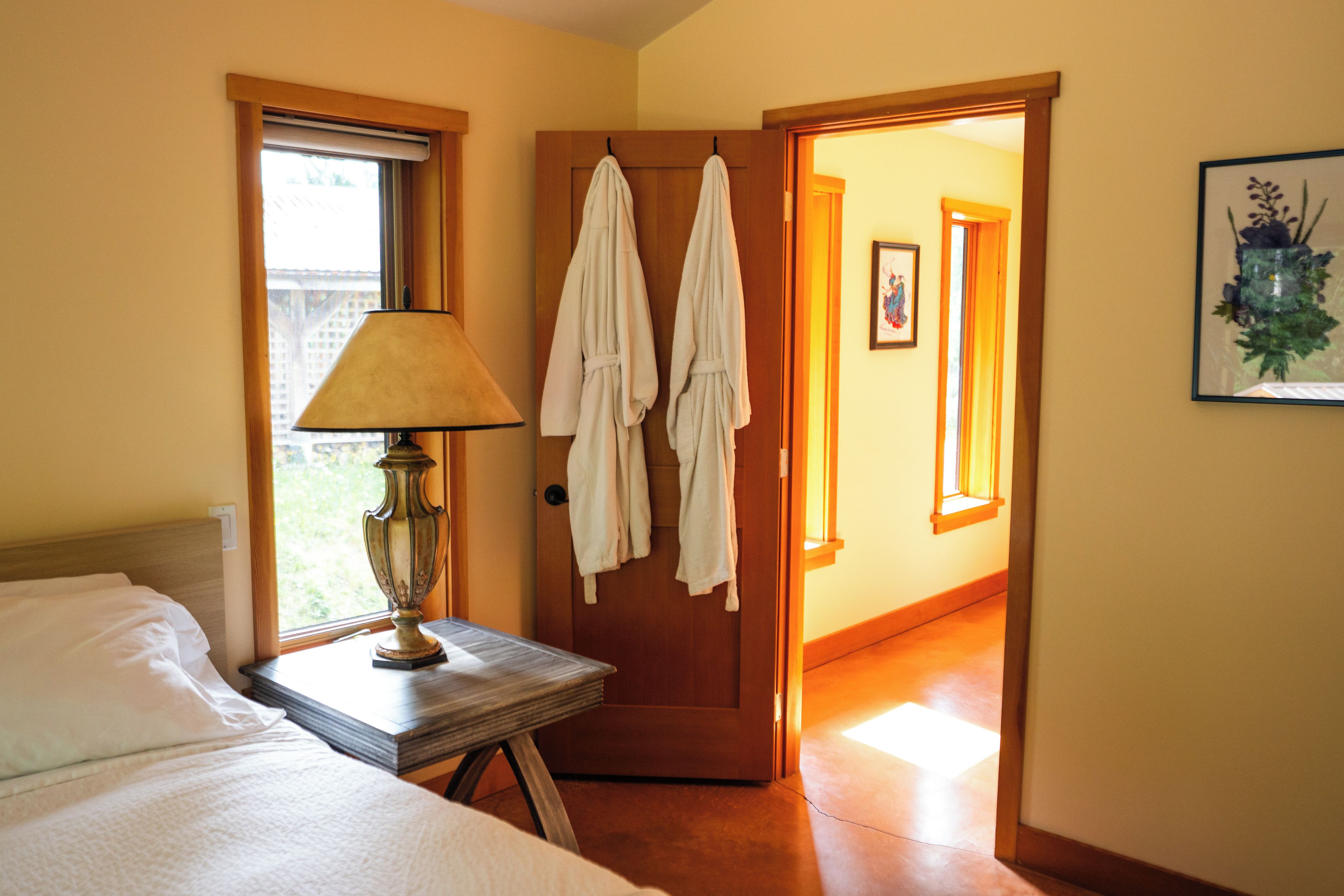 A hotel room with a bed, a bedside table with a lamp, a door with two white robes hanging on it, and a framed picture on the wall.
