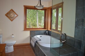 Combined shower/tub, hair dryer, towels, soap