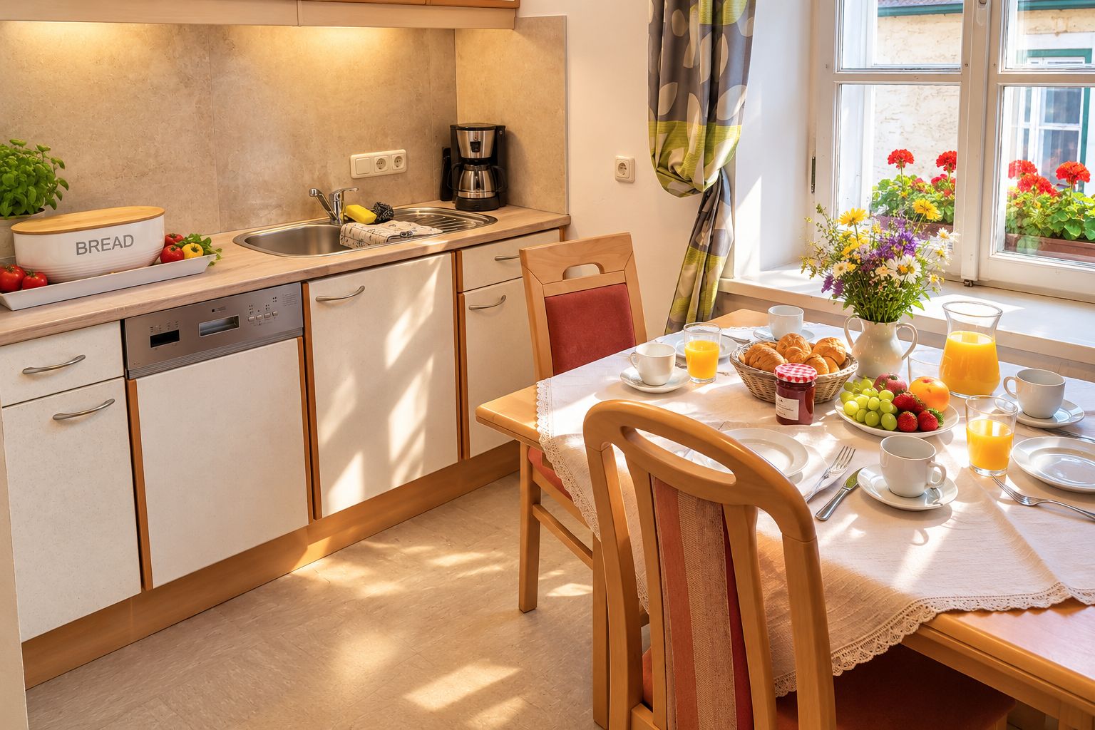 Una cucina moderna con zona pranzo, una macchina da caffè e un'area colazione con frutta e succo di frutta.