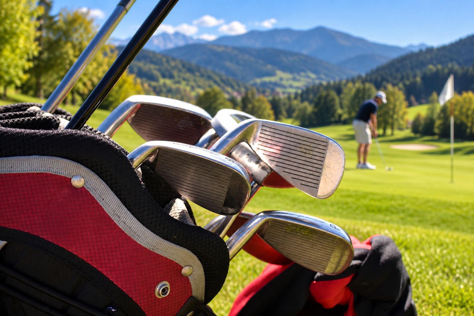 Ein Golfbag mit mehreren Schlägern auf einem Golfplatz vor einer Bergkulisse.