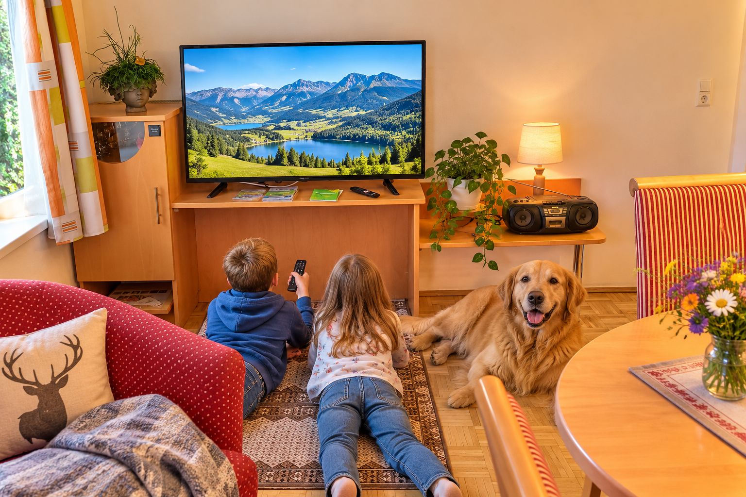 A living room with a television displaying a scenic landscape, a dog lying on the floor, and a child playing with a remote control.