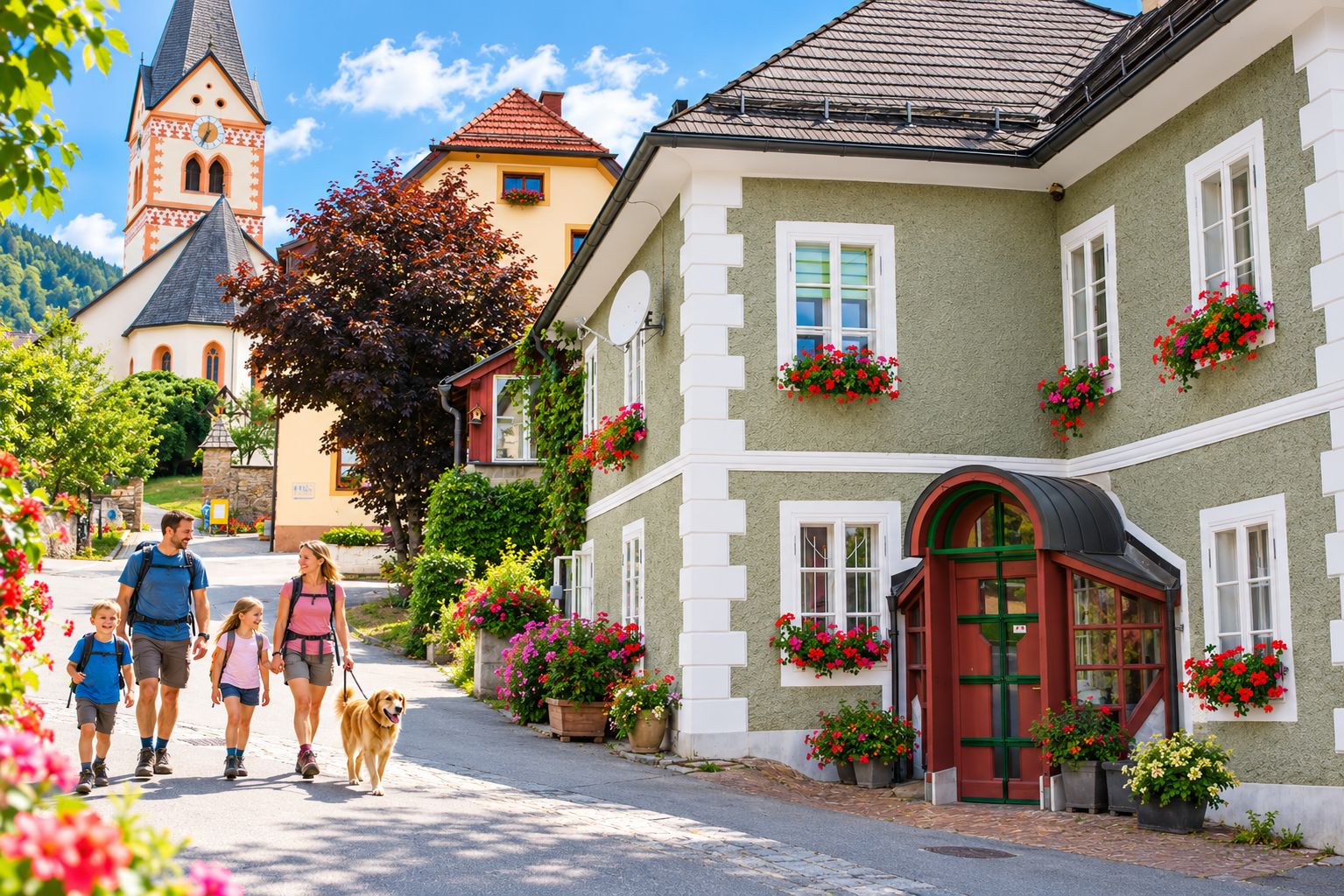A family walking on a cobblestone street with a historic building featuring a red door and flower boxes.
