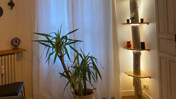 A room with a wooden floor, a potted plant, a white curtain, and a shelf with decorative items. - 2p Zen Deco apartment ideally located in Paris 17th district (Paris)