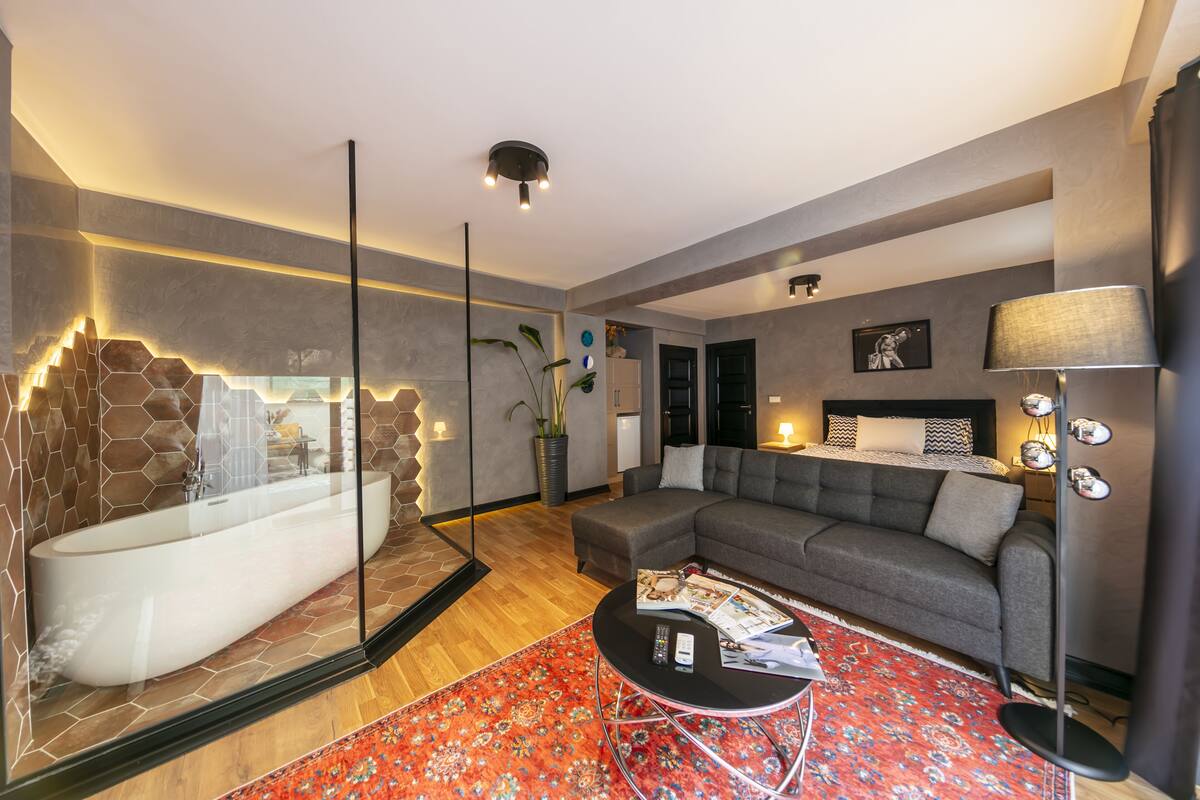 A modern living room with a large bathtub, grey sofa, and a red patterned rug.