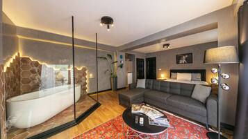 Romantic Studio Suite, 1 Queen Bed with Sofa bed, Garden View | Living area | 47-inch Smart TV with satellite channels, TV, printers