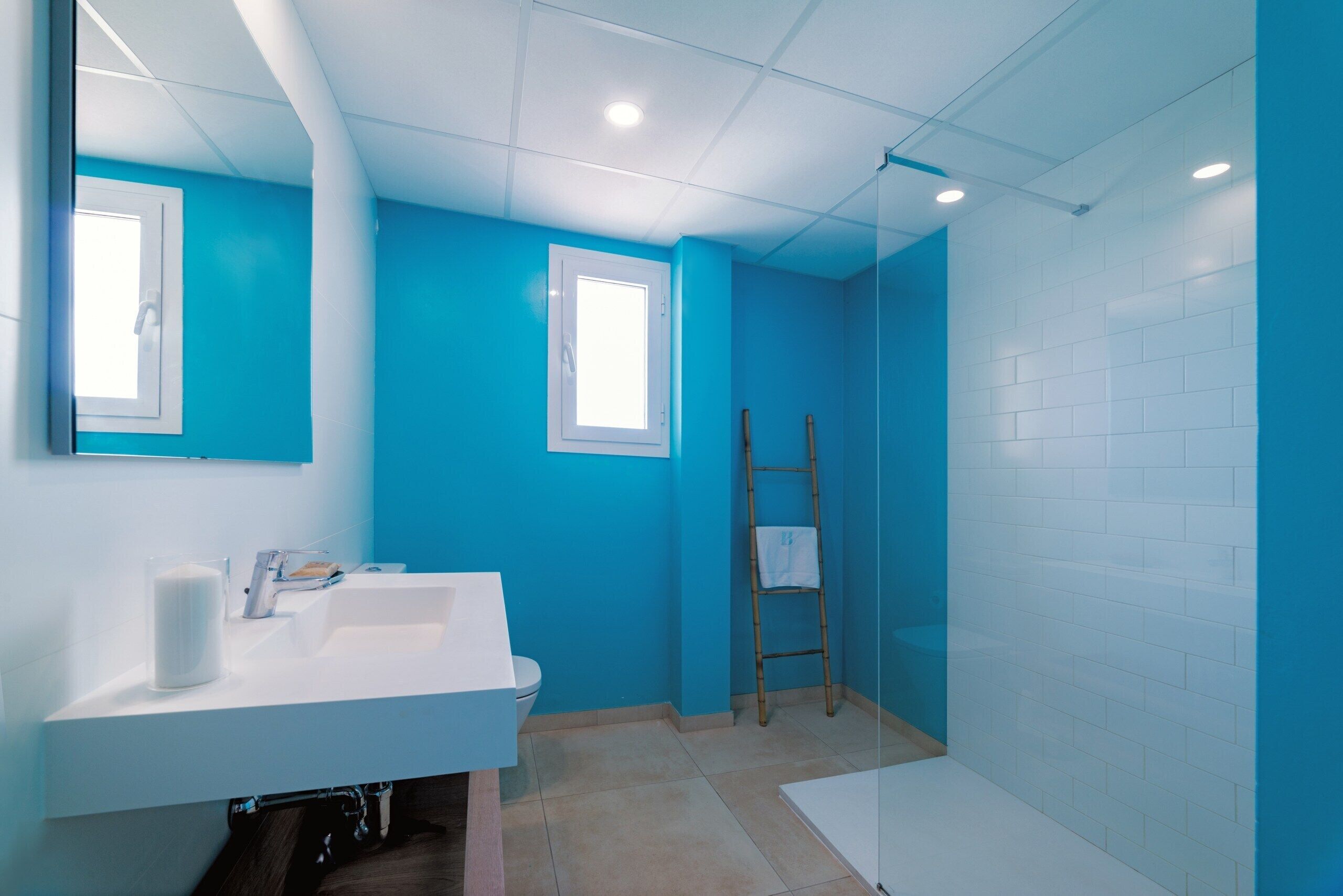 A bathroom with a white sink, two windows, a shower area, and a ladder.