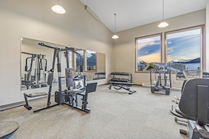 Work out with a scenic view of the mountains and lake from our well-equipped gym.