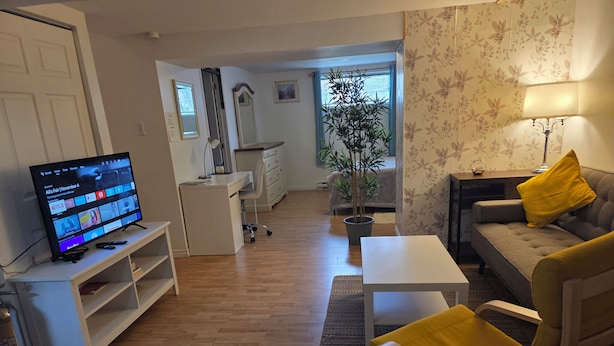 A living room with a TV, a desk, a plant, a sofa, and a lamp.