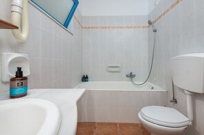 Combined shower/bathtub, free toiletries, hair dryer, towels
