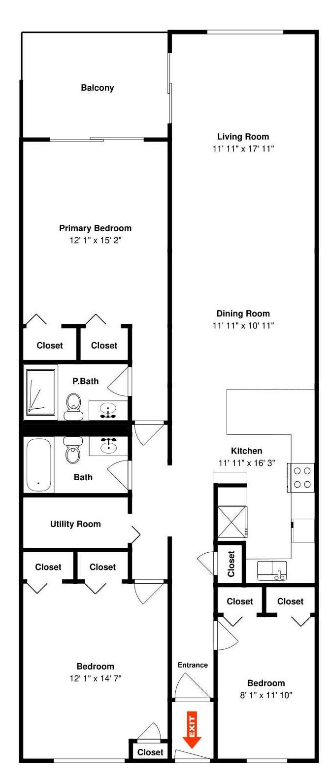 En planritning över ett hus med en balkong, ett master bedroom (huvuds sovrum), vardagsrum, matsal, kök, badrum, tvättstuga och två sovrum.