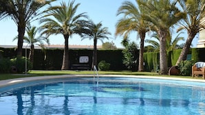 En swimmingpool omgivet af palmer og en hæk.