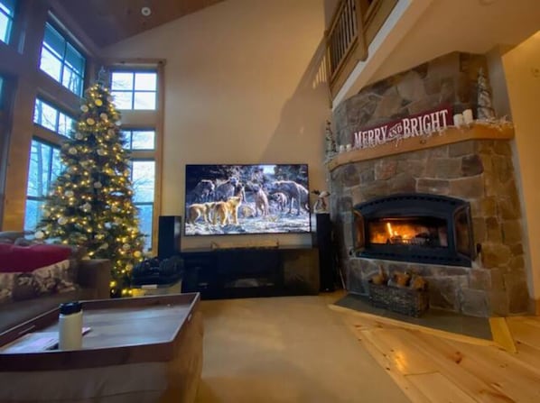 A cozy living room with a fireplace, a Christmas tree, and a television displaying a nature scene.