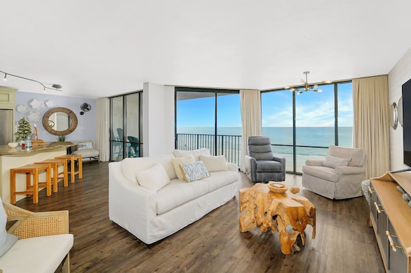 Condo, Multiple Beds, Balcony, Ocean View (Leeward 307 - No Pets) | Living area | 42-inch flat-screen TV with digital channels - Edgewater Beach & Golf Resort VII by Resort Collection (Panama City Beach)