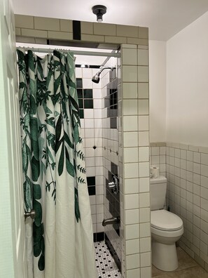 Douche, serviettes fournies, savon, shampoing