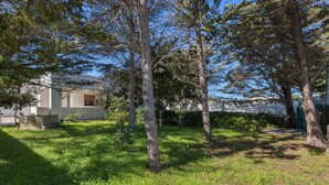 A courtyard with tall trees, a white building, and a green fence. - 2718 Villetta Soffio di Mare by Barbarhouse (Melendugno)