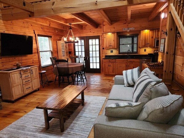 Smart TV, fireplace, DVD player, books