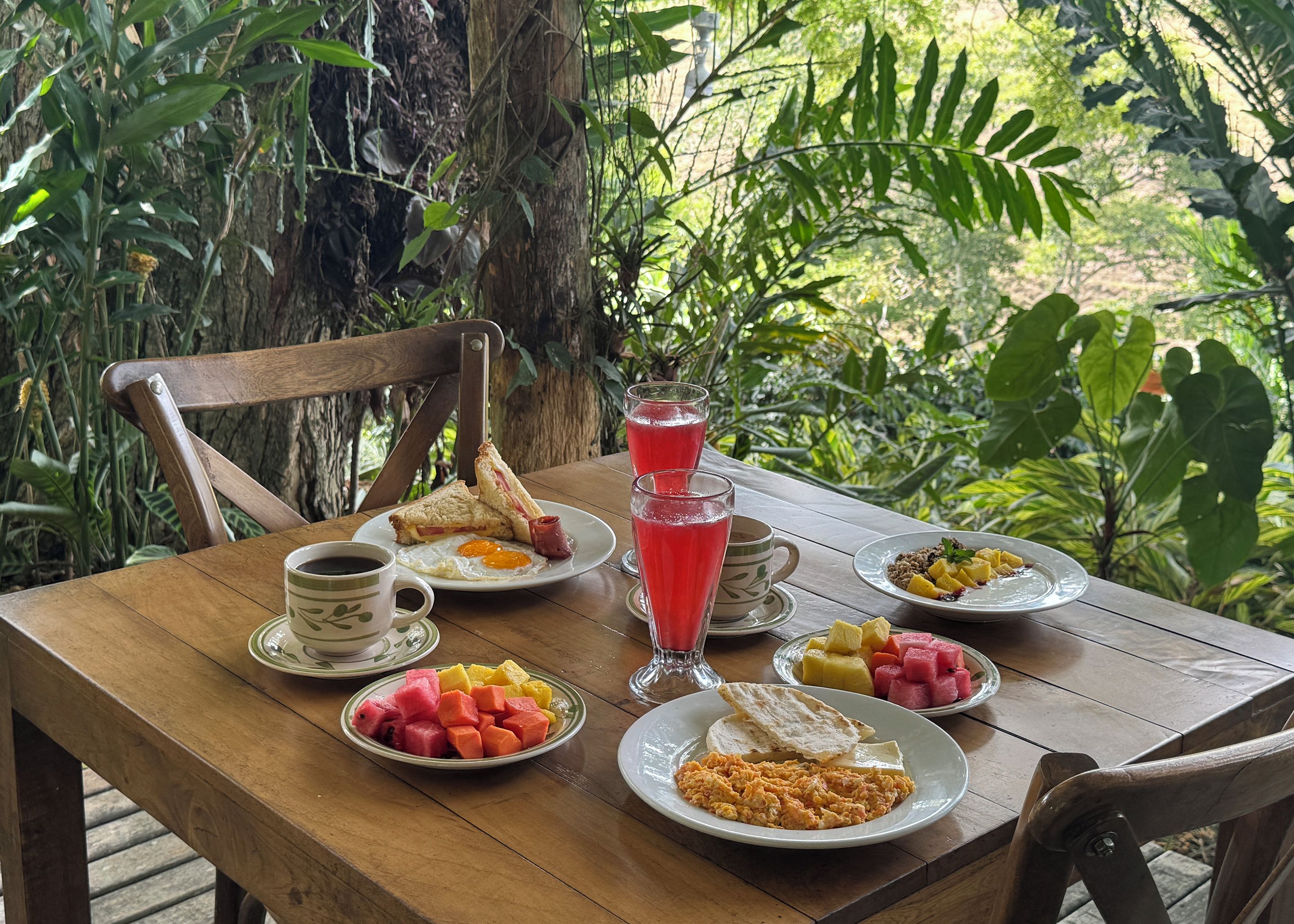 Une table en bois, dressée pour le petit-déjeuner, avec des œufs, des toasts, des fruits et des boissons, le tout entouré d’une végétation luxuriante.