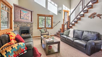 TV, lareira, DVD player, livros