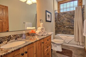 Combined shower/bathtub, jetted bath, hair dryer, towels
