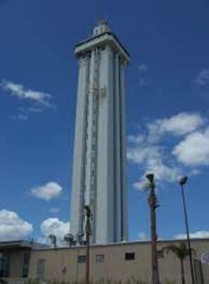 Standing tall, this historic tower guides the way.