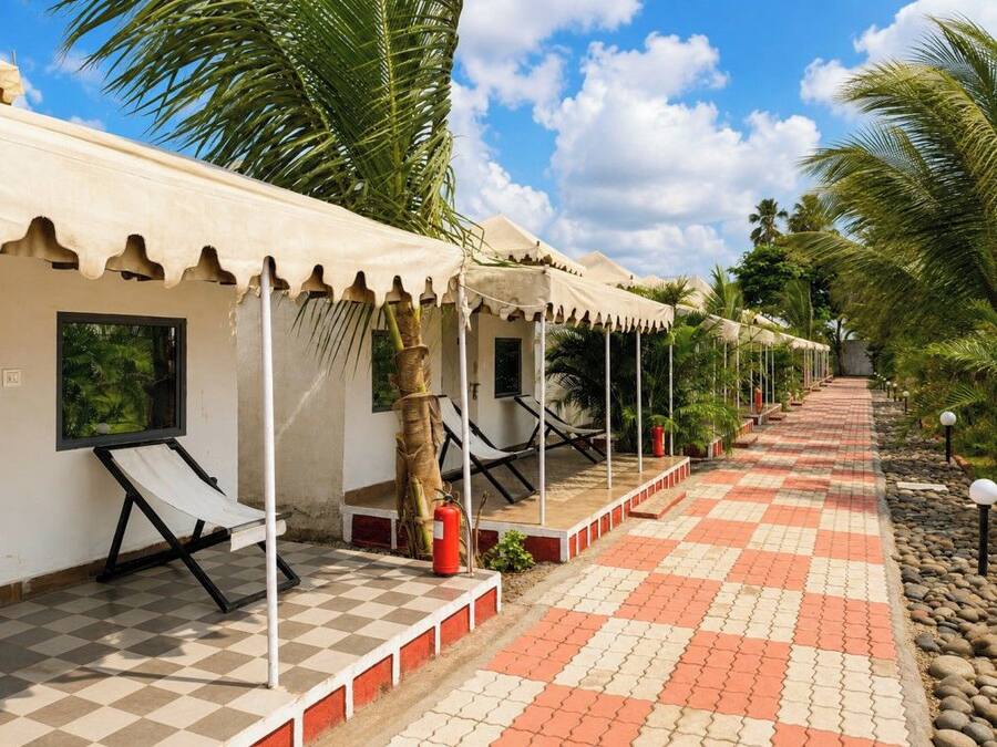A row of outdoor seating areas with checkered flooring, palm trees, and a clear sky.