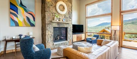 Smart TV, chimenea y libros