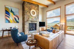 Smart TV, fireplace, books