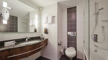 Hair dryer, towels, soap, toilet paper