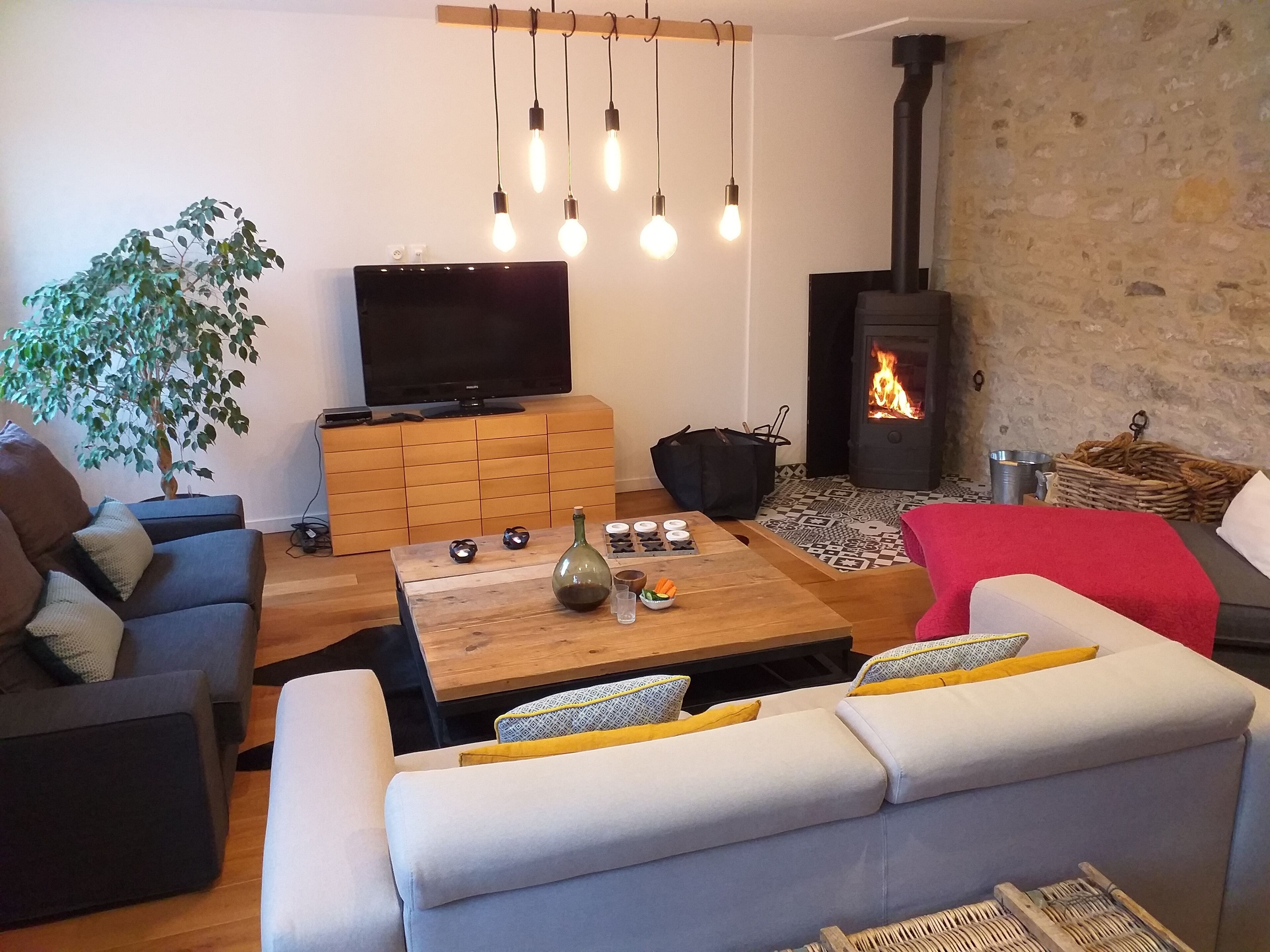 TV, fireplace, foosball