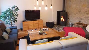 TV, fireplace, foosball