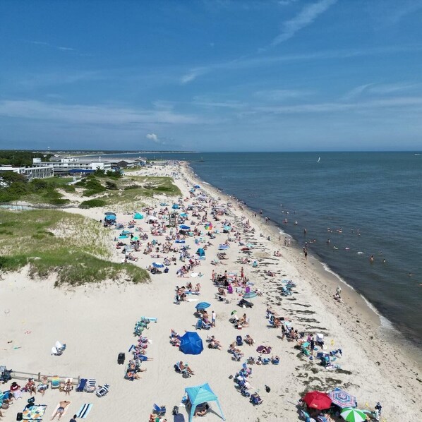 On the beach, sun loungers, beach towels