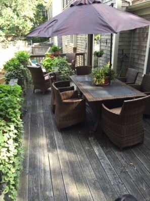 Outdoor dining - Summers by the Pool - Barnstable Village, Cape Cod, MA Home w/Pool + Beach Pass! (Barnstable)
