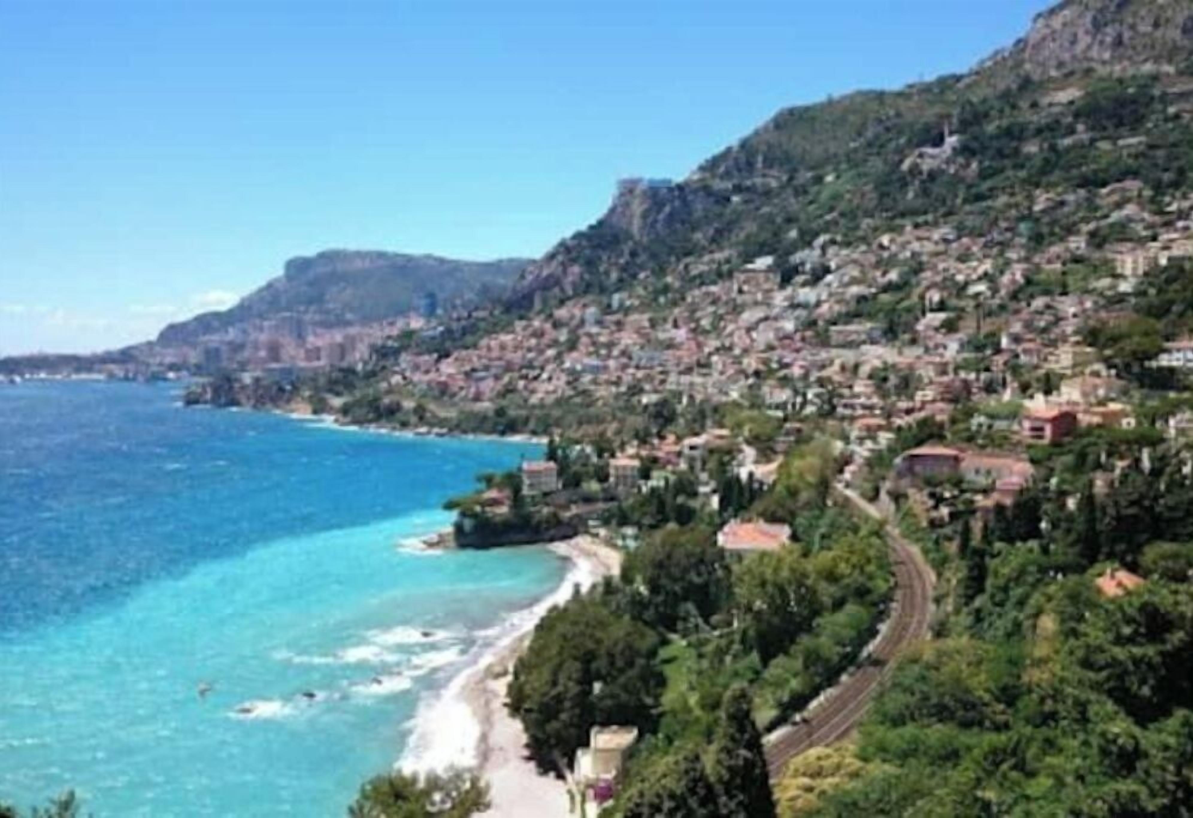 A coastal town with a beach, houses, and a mountain.