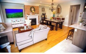Smart TV, fireplace, video games, foosball