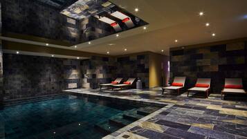 Indoor pool, open 9:00 AM to 8:00 PM, sun loungers
