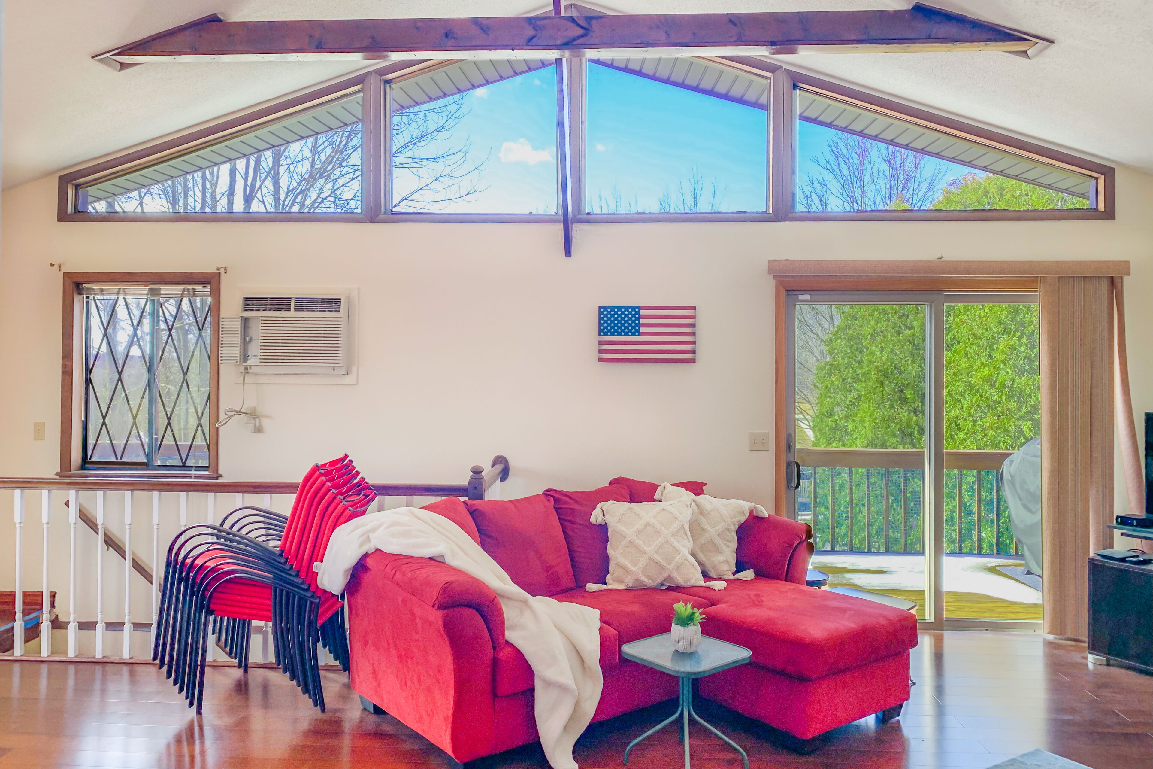 TV, fireplace, books