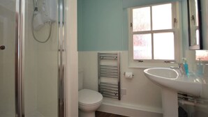 A bathroom with a glass shower enclosure, a toilet, a sink, and a window.