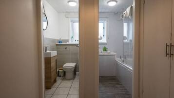 Combined shower/bathtub, hair dryer