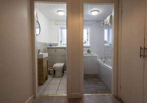 Combined shower/tub, hair dryer