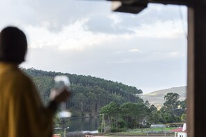 A view from inside a building, looking out at a landscape with a lake, trees, and a hill. - LiresCa (Cee)