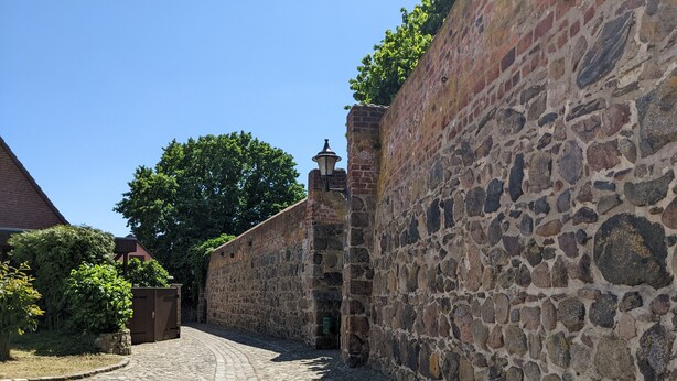 Un carrer empedrat flanquejat per murs de pedra, un edifici de maó i un arbre.
